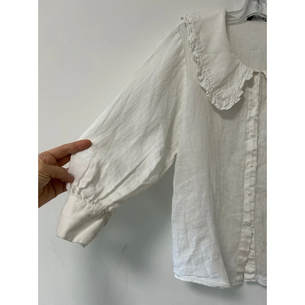 Zara Ruffled Peter Pan Collar Linen Blouse Women Medium White Cottagecore